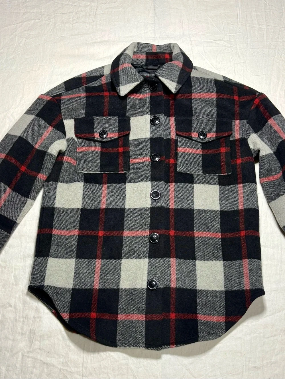 Gap Kids Red Black Gray Plaid Flannel Button Up Shacket Jacket Sz S (6/7)
